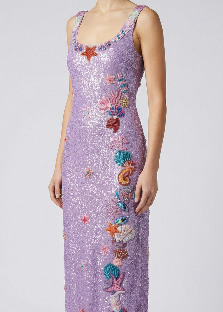 Sea Whisper Pink Maxi Dress – Elegant pink sea-themed maxi long dress – Oceanus Swimwear