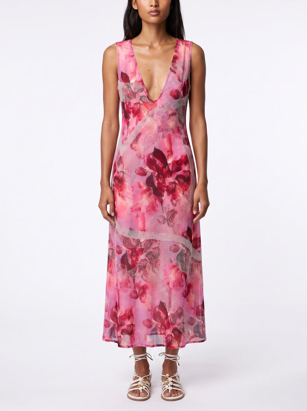 Red Pink Flower Pearl Long Dress