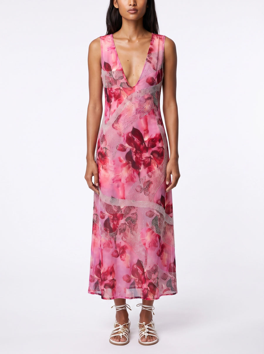 Red Pink Flower Pearl Long Dress