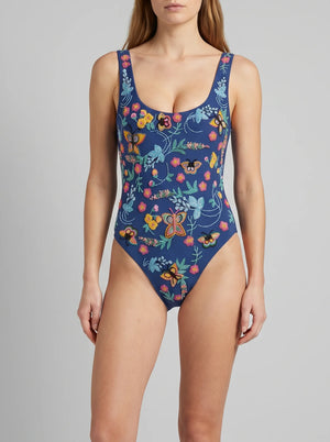 Alabama Floral Hand Embroidered One Piece Swimsuit Blue Cobalt