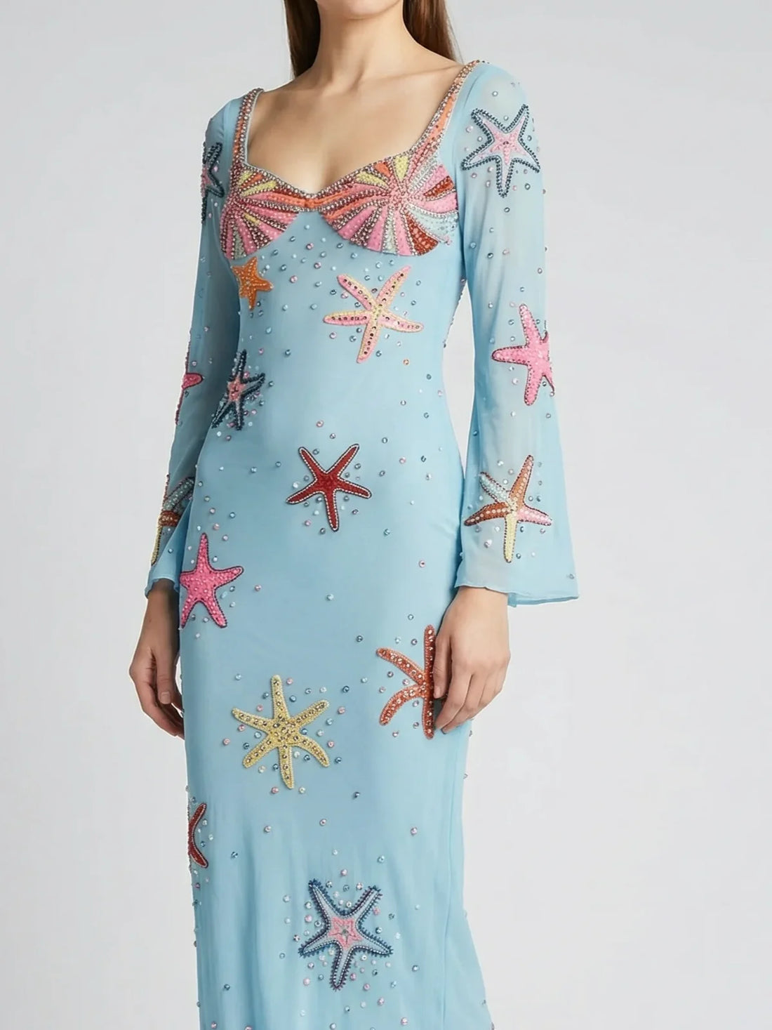 Crescent Shell Bell Sleeve Dress Blue in Stock