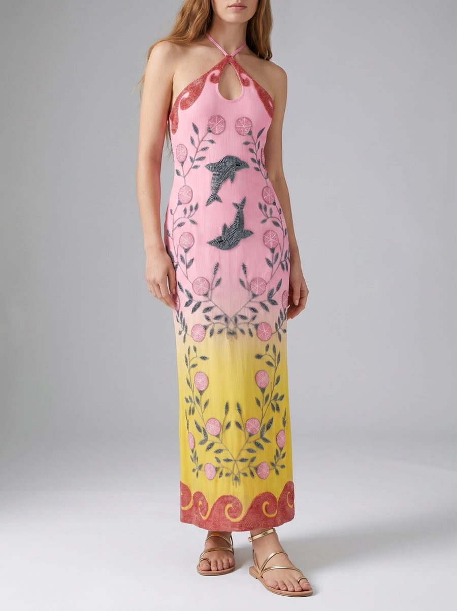 Dolphin Sunset Ombré Hand Beaded Maxi Dress