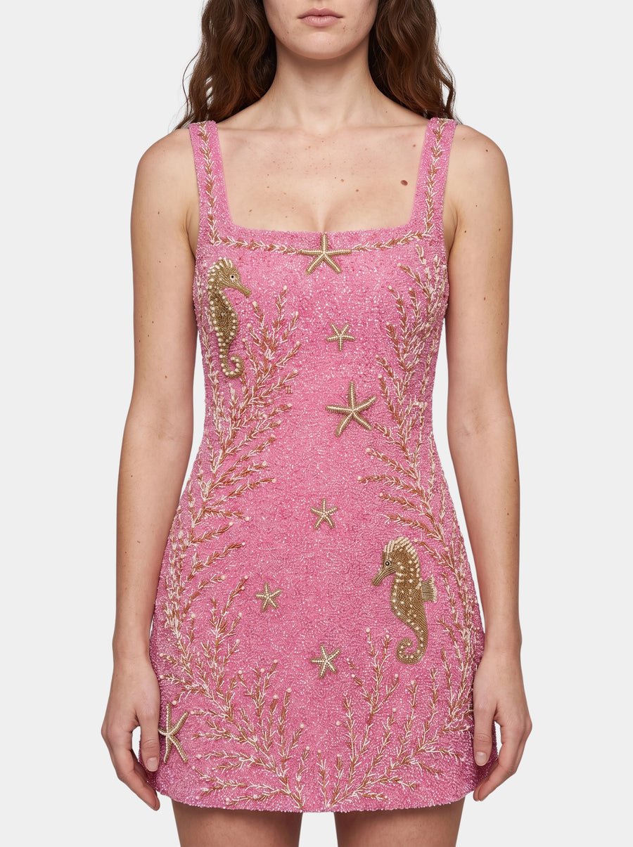Coastal Hand-Beaded Embroidery Mini Dress Pink