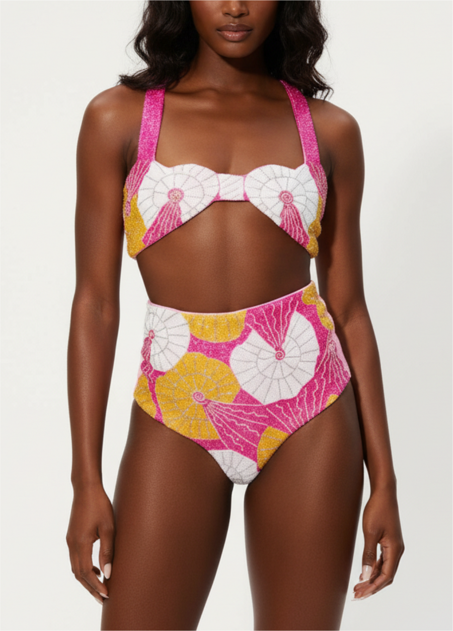 Oceanus x Zandra Rhodes Swirlshell Beaded Bikini Bottom Fuschia