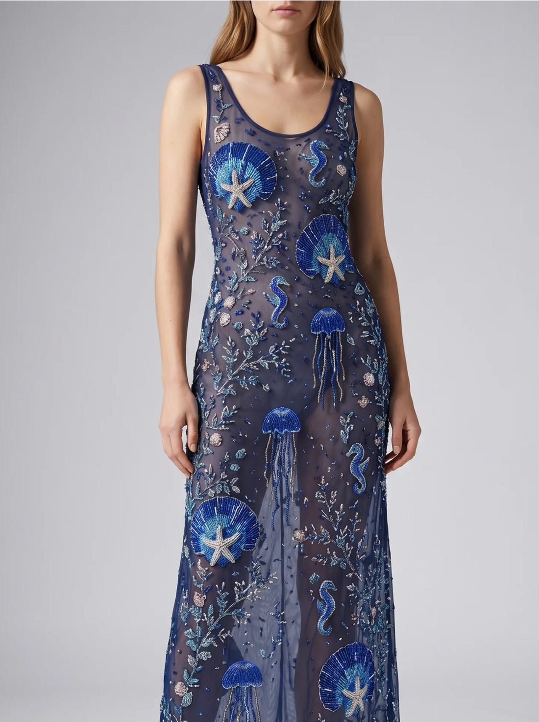 Coralie Sheer Maxi Dress in Navy
