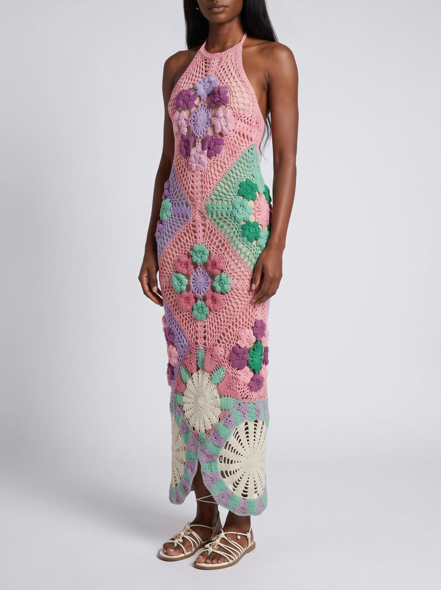 Rowan Halter Maxi Crochet Pink Dress