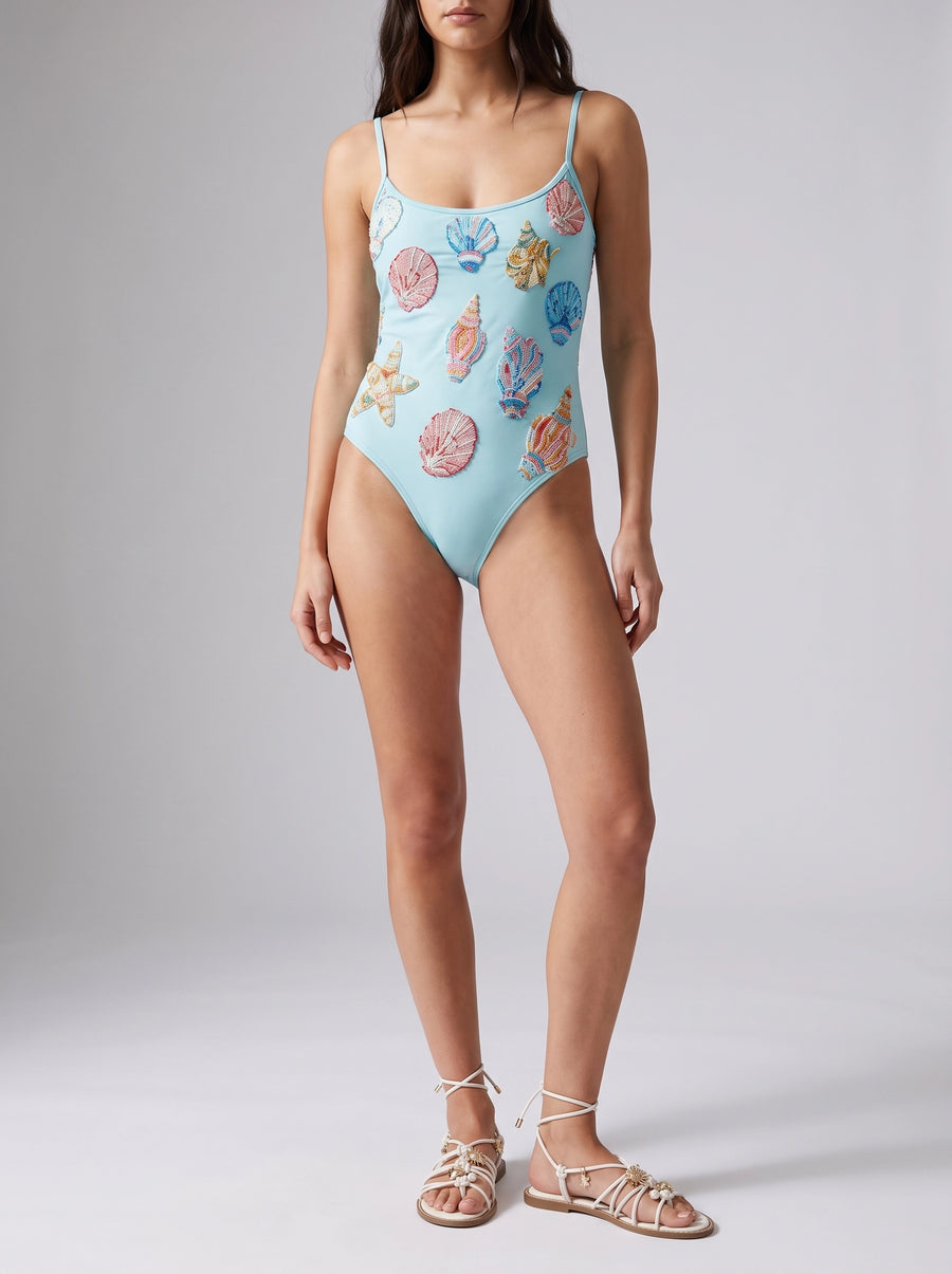 Shell and Starfish Sky Blue Hand-Beaded Swimsuit