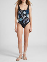 Deep Coral Sea Black Hand-Beaded Swimsuit