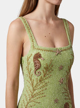 Coastal Hand Beaded Embroidery Mini Dress Green