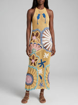 Pearl Halter Crochet Maxi Dress Multi Coloured