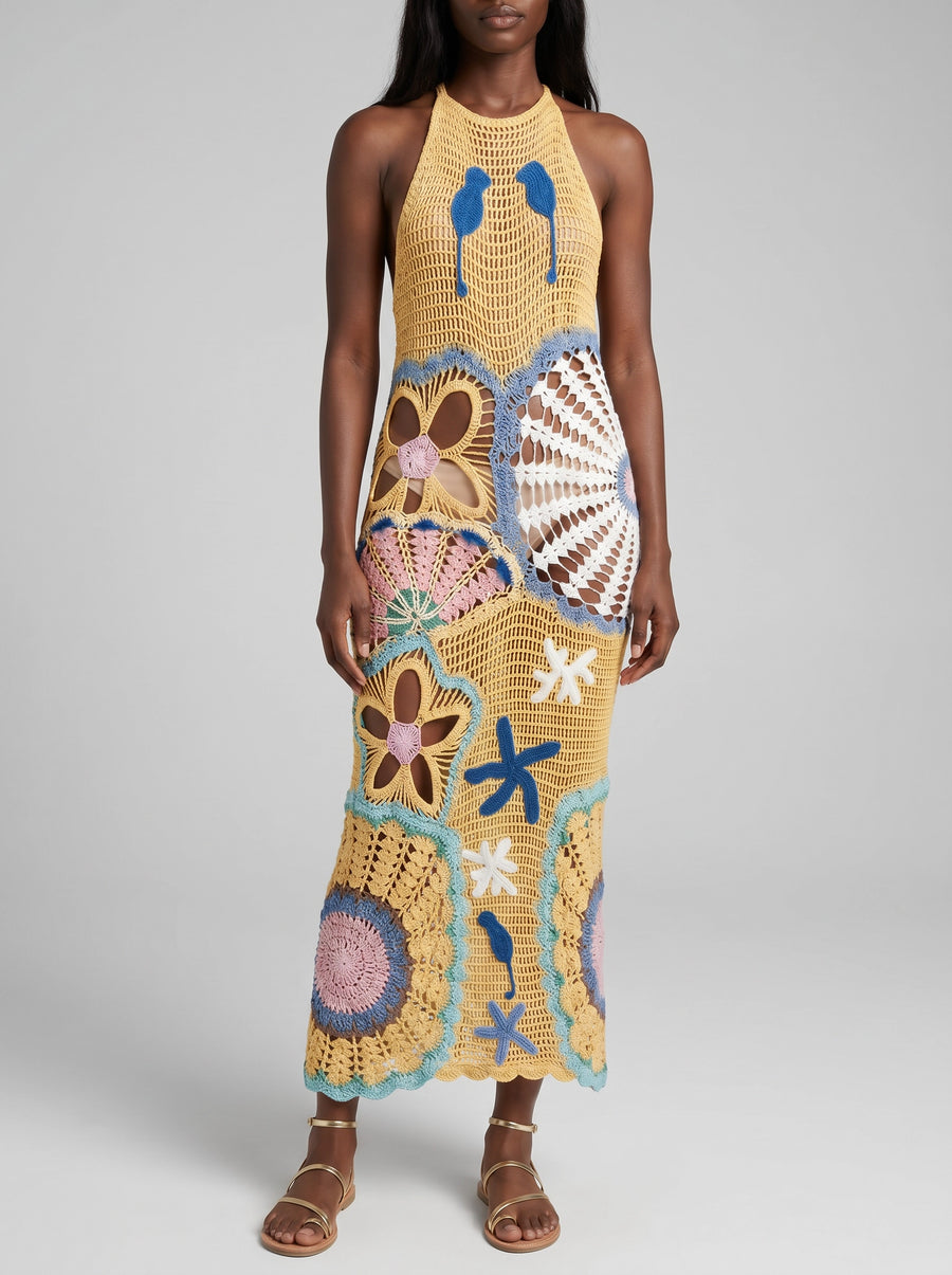 Pearl Halter Crochet Maxi Dress Multi Coloured