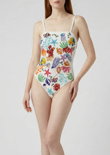 One-piece swimsuit with colorful sea-themed design on a plain background