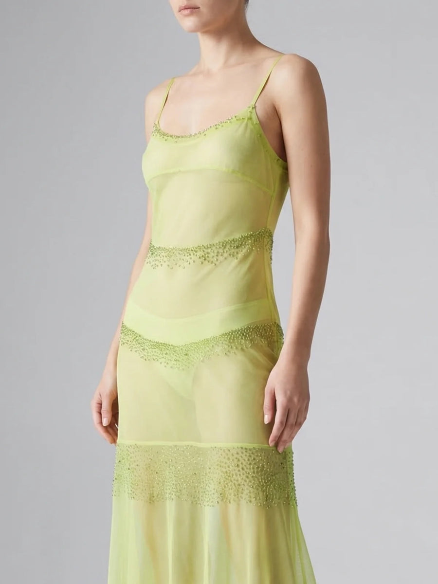Shimmer Falls Sheer Green Midi Dress