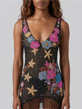 Flower Starfish Tasseled Black Sheer Mini Dress