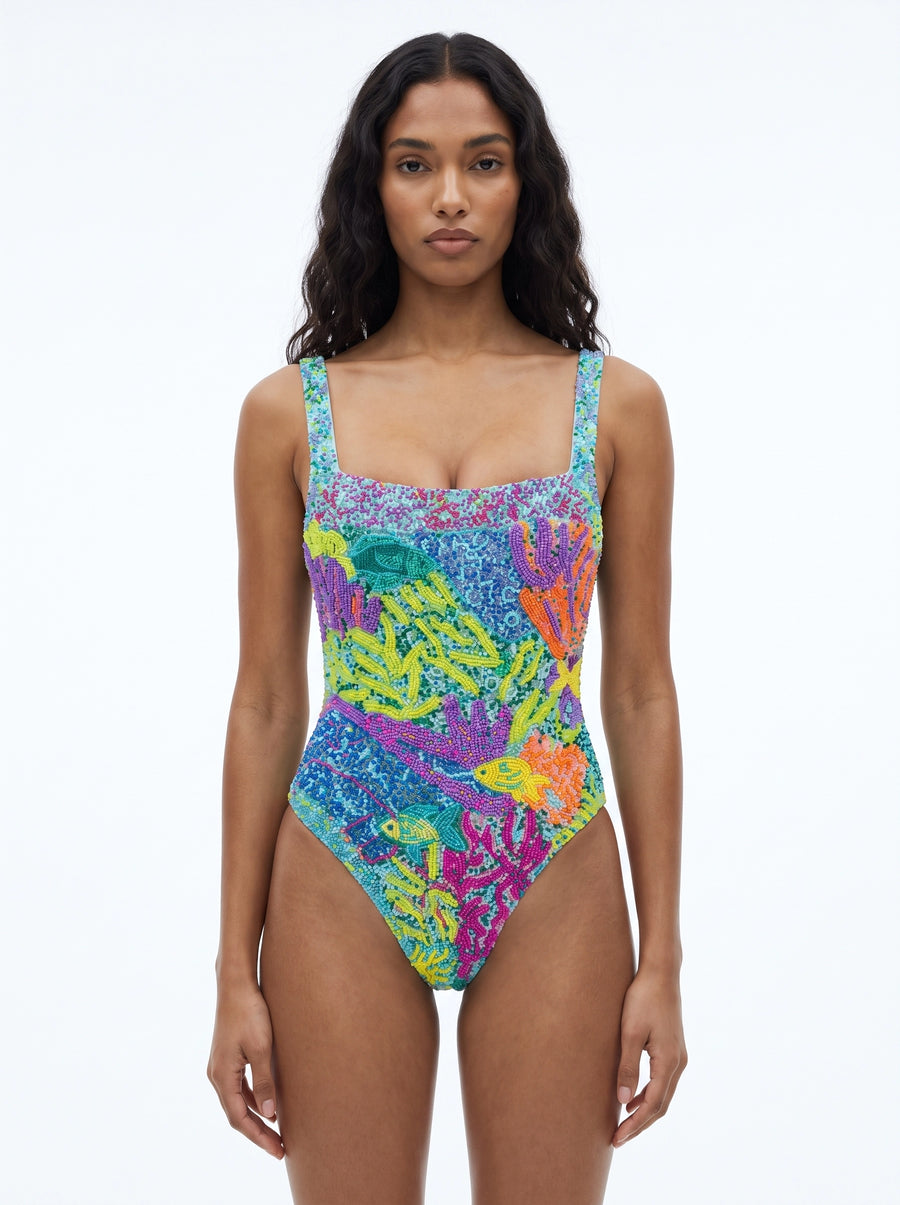 Deep Coral Pink Swimsuit Blue