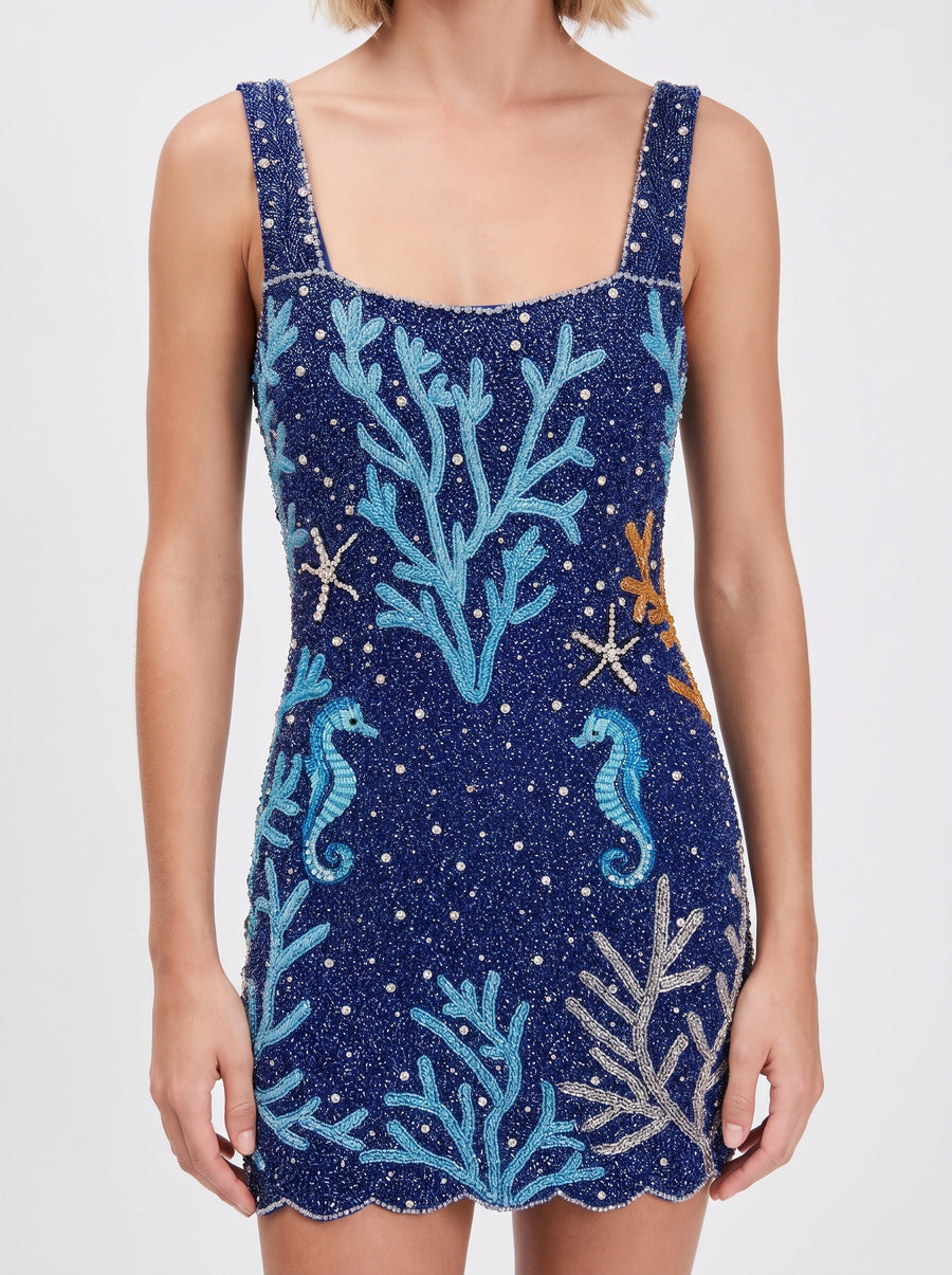 Navy Coral Muse Hand Beaded Mini Dress