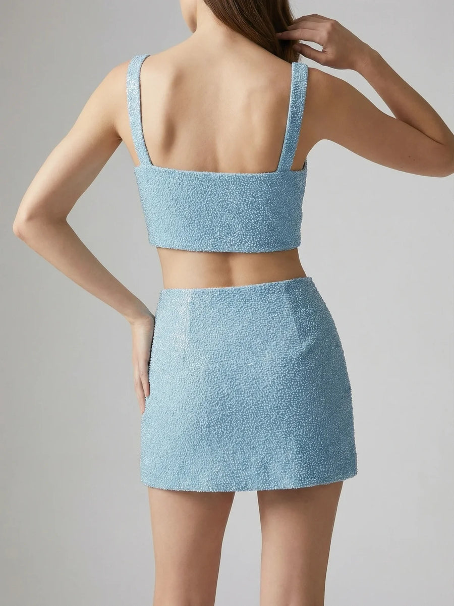 Vegas Beaded Mini Blue Party Beach Co-ord Skirt
