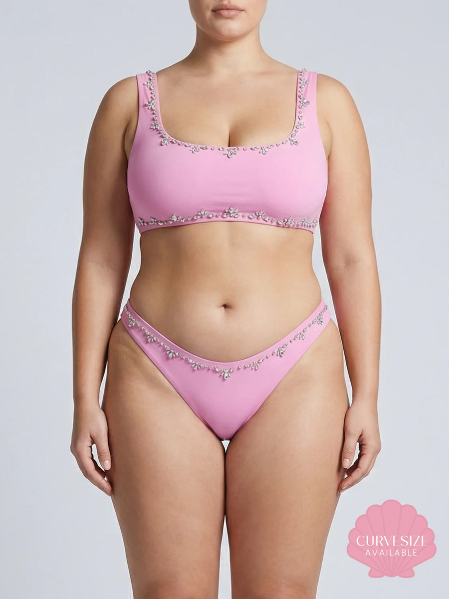 Aaliyah Hand Embroidered Crystals Bikini Top in Pink