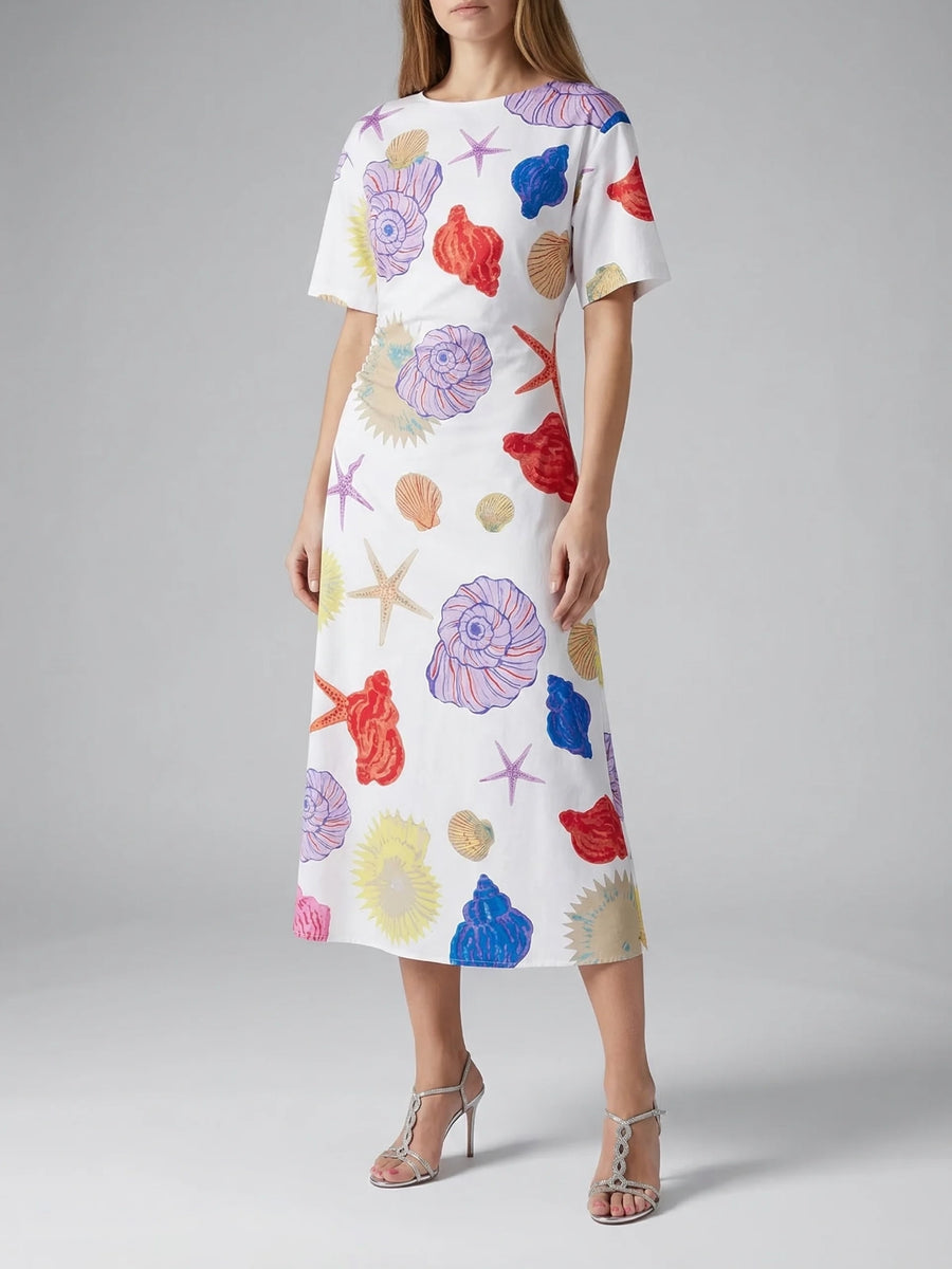 Oceanus Floral Print White Long Dress