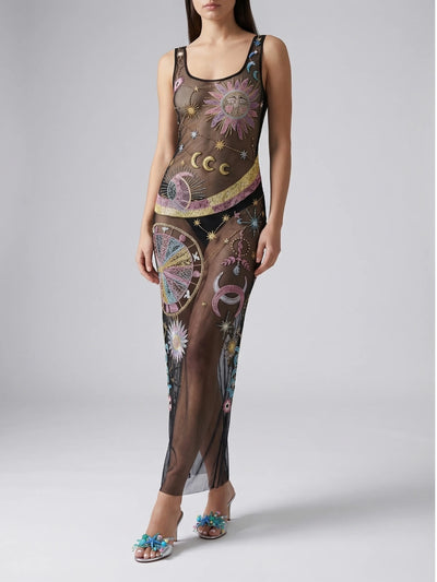 Black Starlit Cosmos Hand-Embroidered Sheer Maxi Dress in Stock