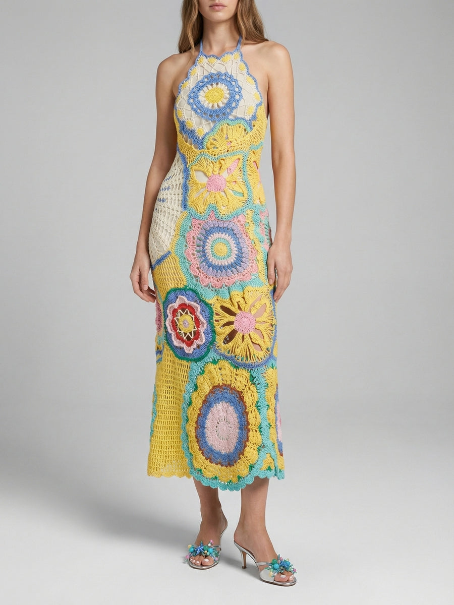 Aura Mosaic Yellow Blue Crochet Dress