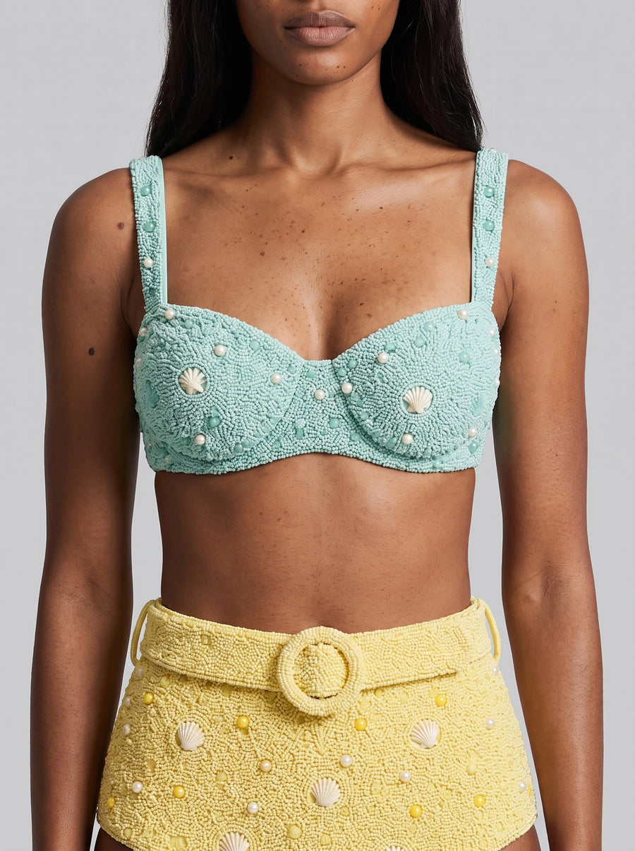 Heidi Shell Hand-Beaded Blue Bikini Top