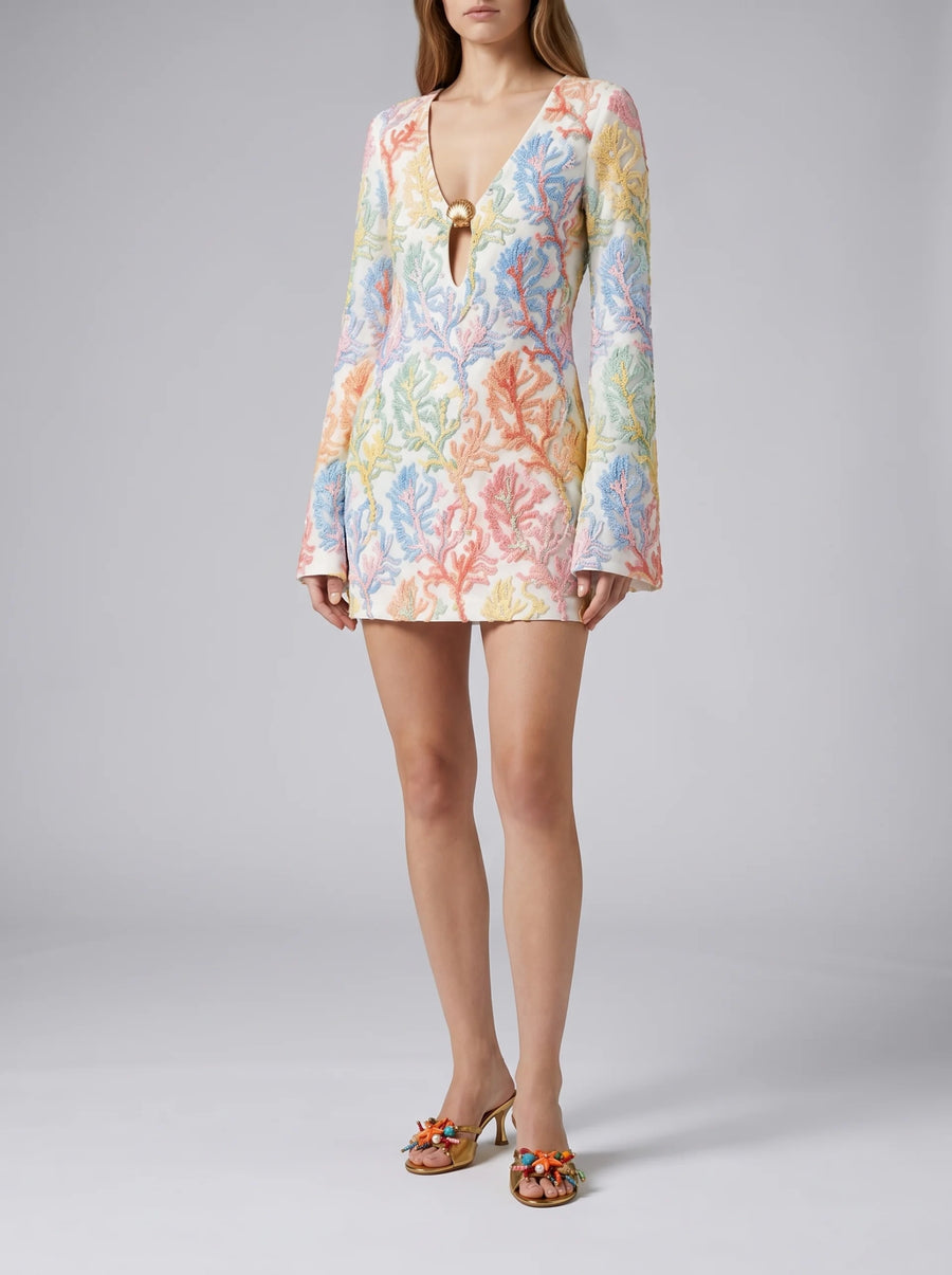 Serena Coral Colorful White Sleeve Hand Beaded Mini Dress