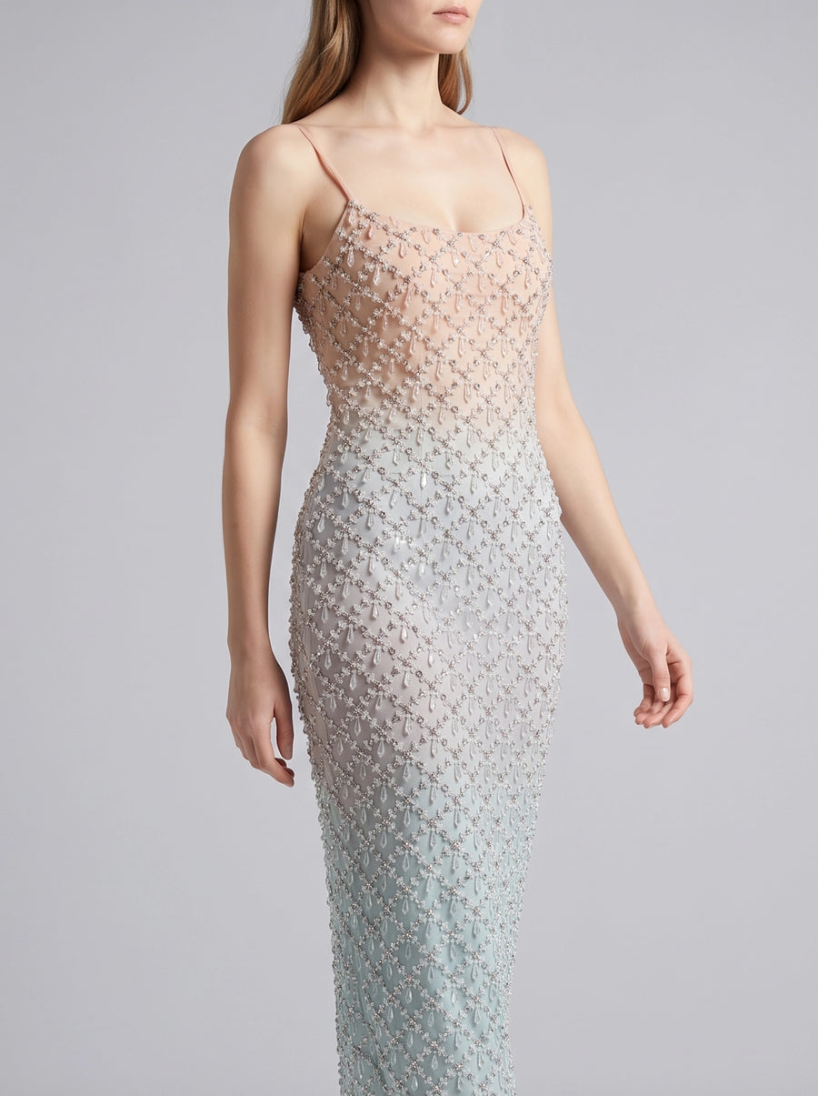 Calliope Luxury Hand Embroidered Crystal Pink Blue Ombre Maxi Party Dress