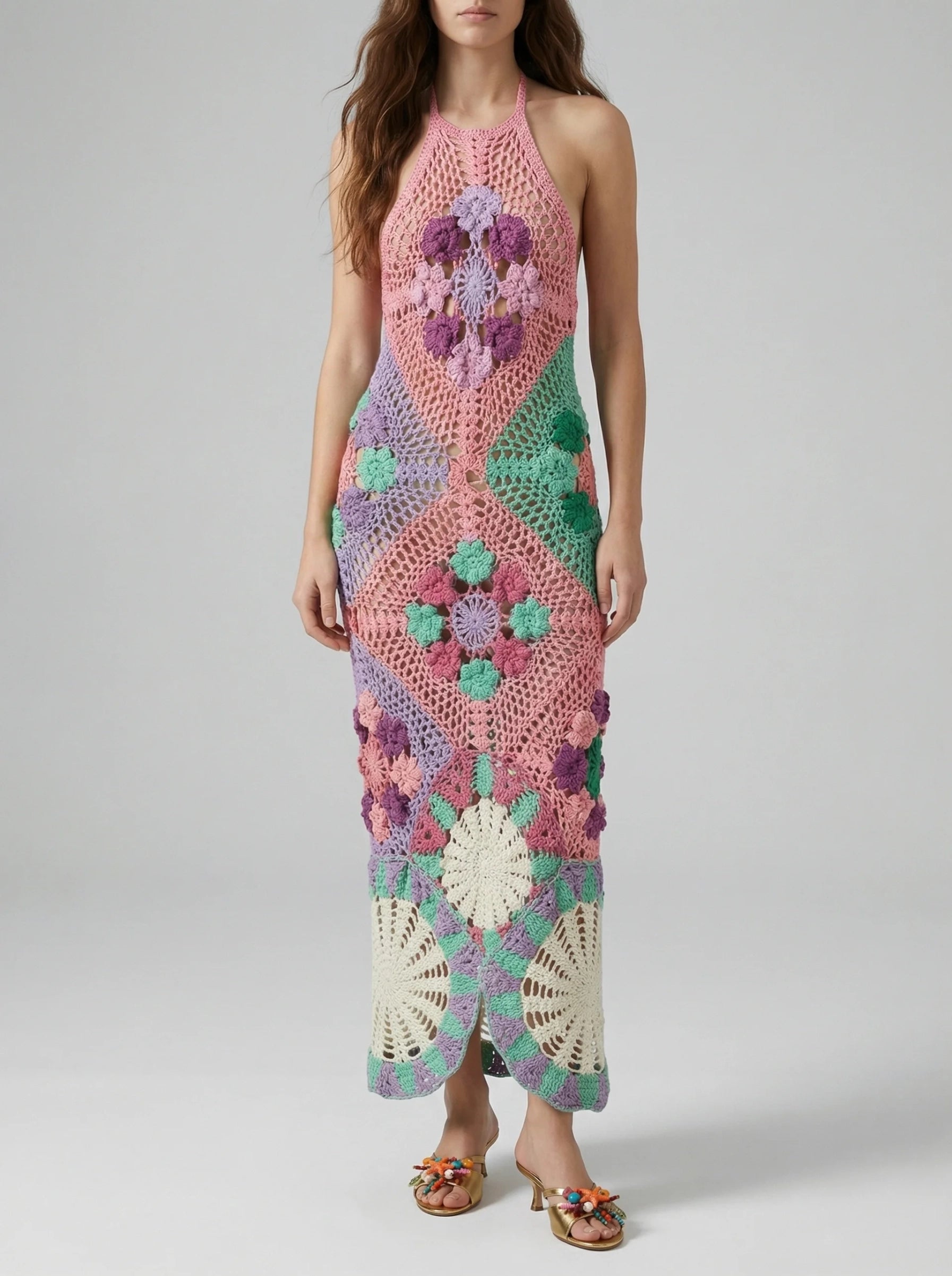 Shop Rowan Halter Maxi Crochet Multi Dress - Oceanus Shop Rowan Halter Maxi Crochet Multi Dress - Oceanus