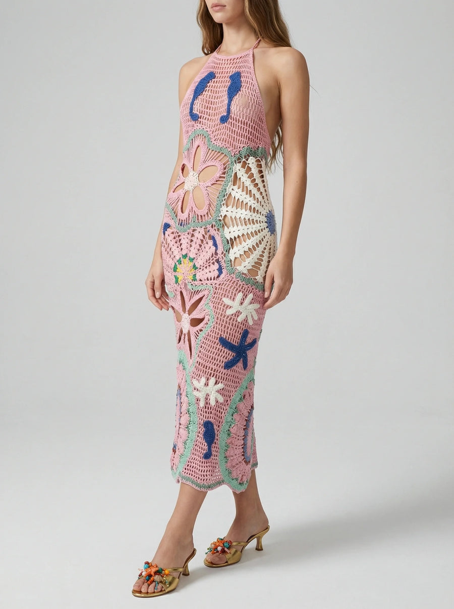 Pearl Halter Crochet Maxi Dress Multi Coloured