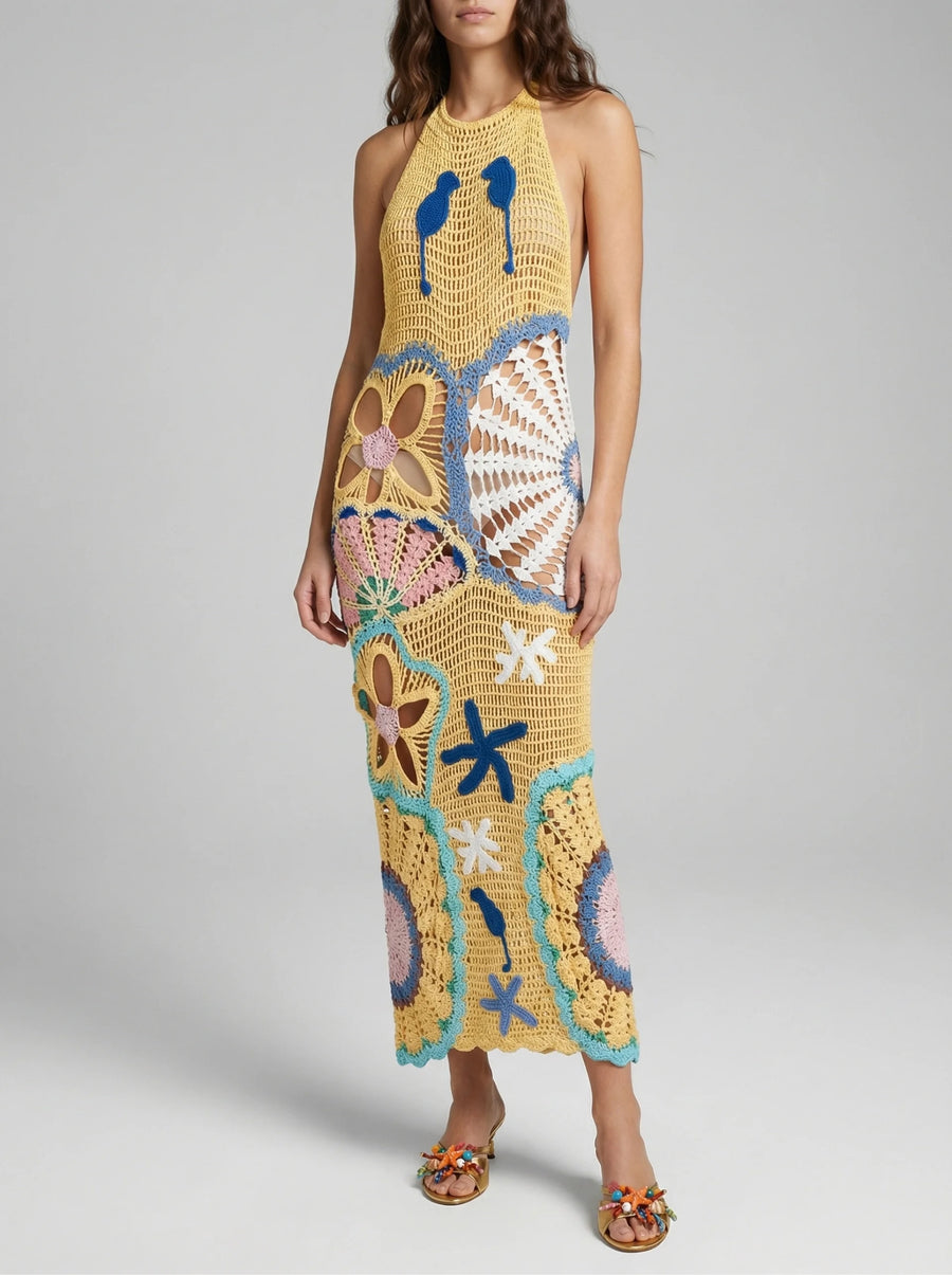 Pearl Halter Crochet Maxi Dress Multi Coloured, L / Pink