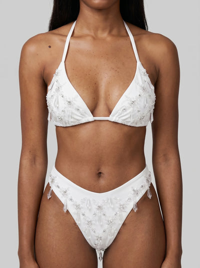 Calliope Luxury Hand-Embroidery Crystal Bikini Top White