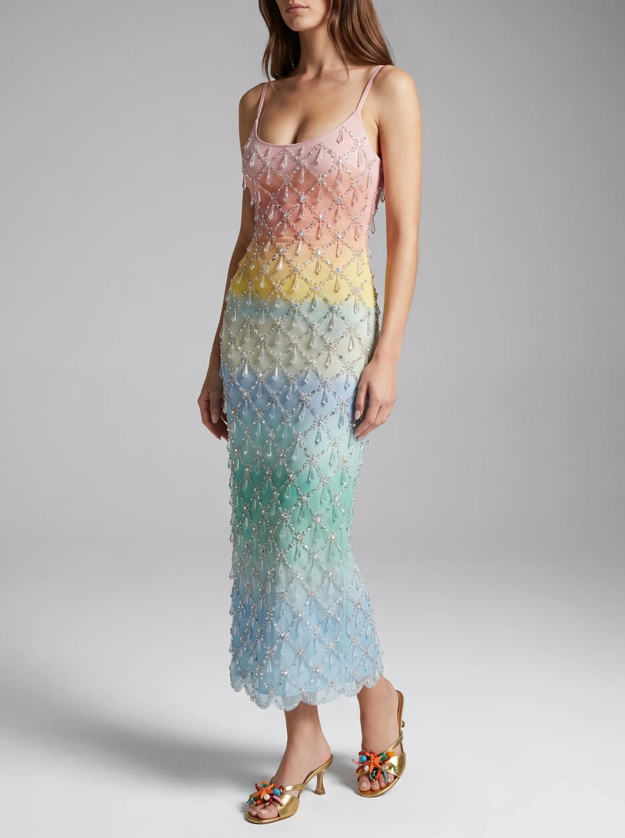 Calliope Luxury Crystal Rainbow Maxi Party Dress