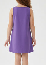 Purple sleeveless dress worn by a person on a white background