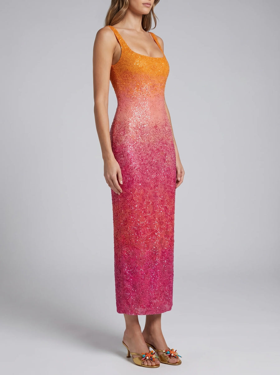 Sofia Hand Beaded Party Dress Orange Pink Ombre MAXI DRESS