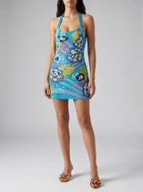 Flower and Monsterra Blue Mini Dress
