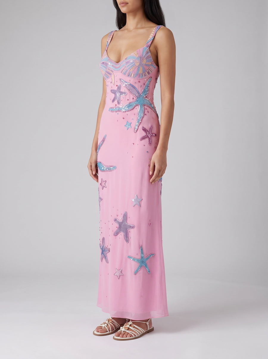 Crescent Shell Hand-Beaded Pink Long Dress in Stock
