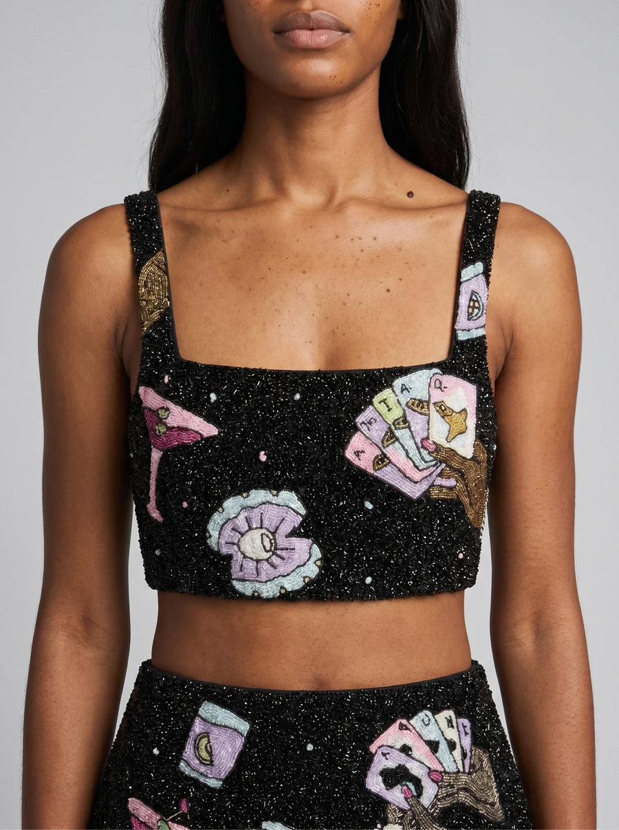 Vegas Beaded Mini Black Party Beach Co-ord Top in Stock