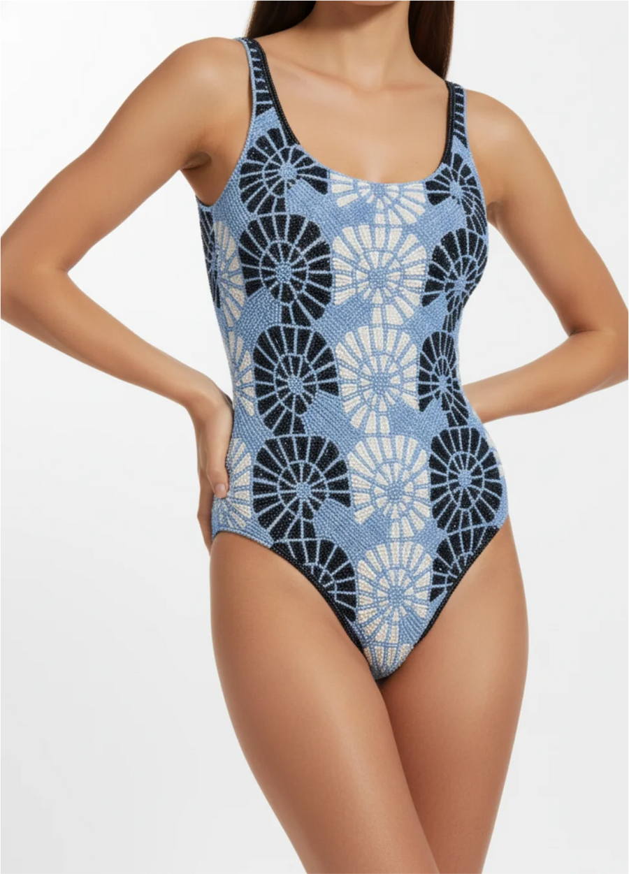 Oceanus x Zandra Rhodes Swirlshell Beaded One Piece
