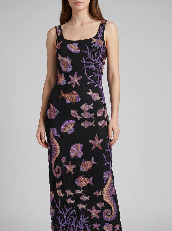 Coraline Black Purple Maxi Dress
