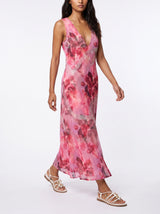 Red Pink Flower Pearl Long Dress