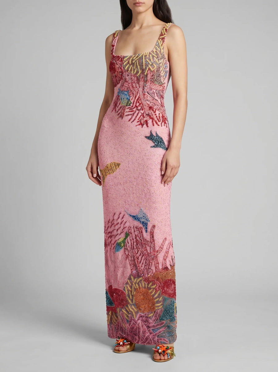 Oceanic Bloom Pink Maxi Dress