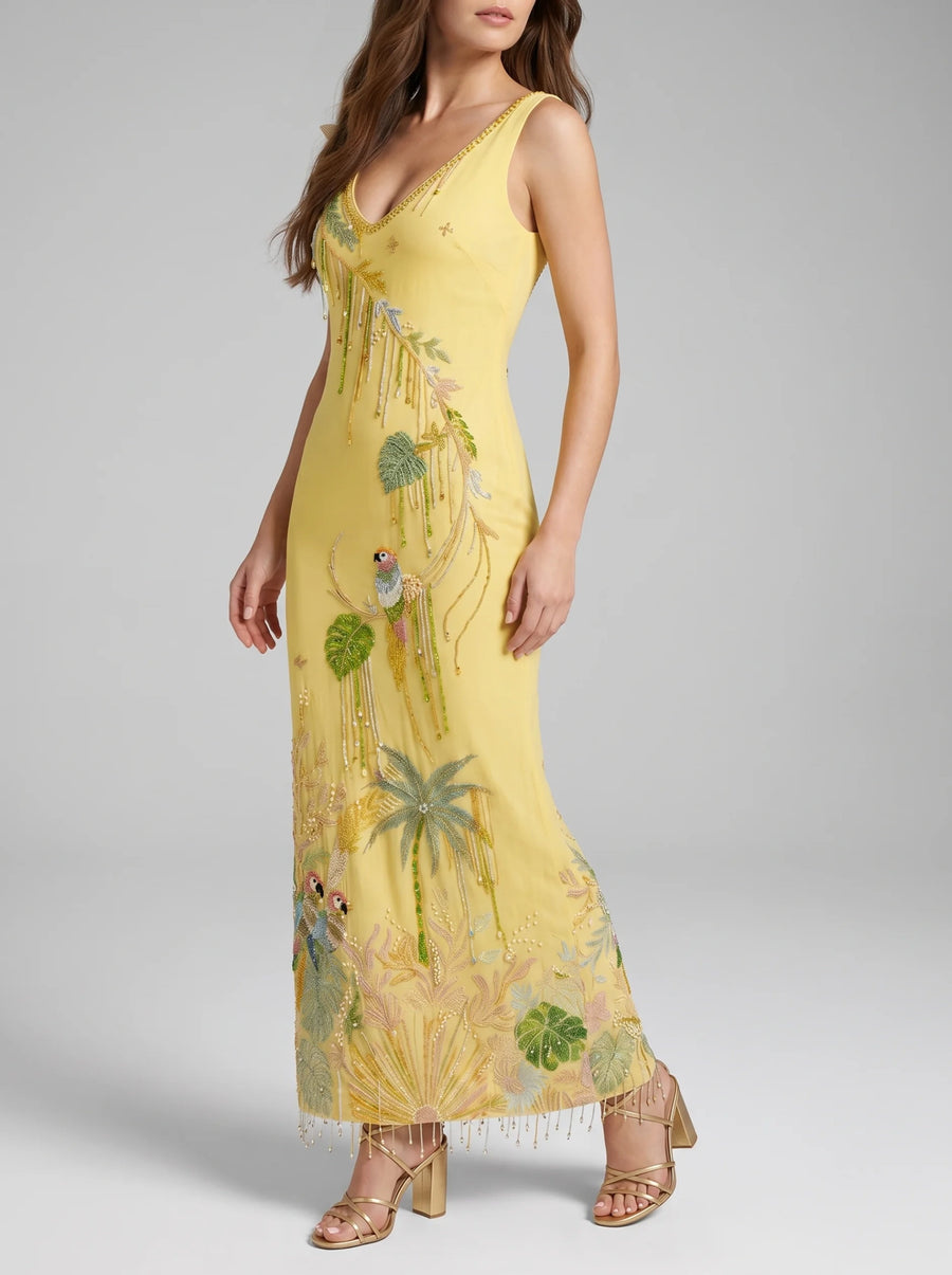 Tropical Flower Yellow Maxi Dress