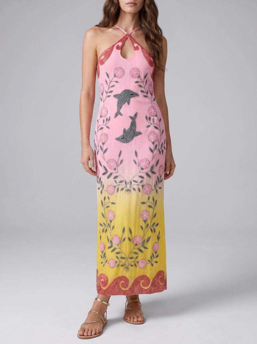 Dolphin Sunset Ombré Hand Beaded Maxi Dress