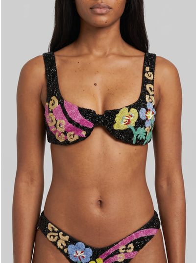 Colorful Flower Black Hand Beaded Bikini Top in Stock