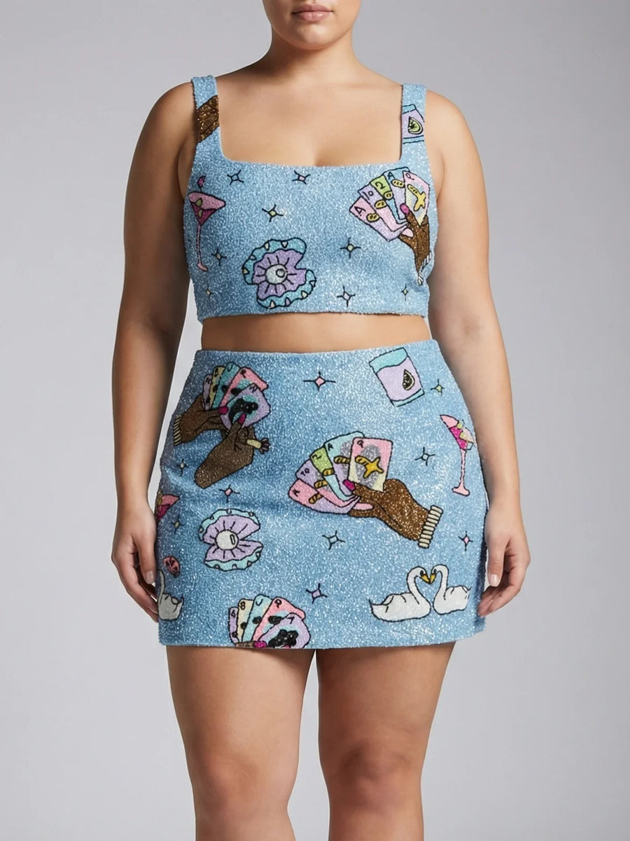 Vegas Beaded Mini Blue Party Beach Co-ord Skirt