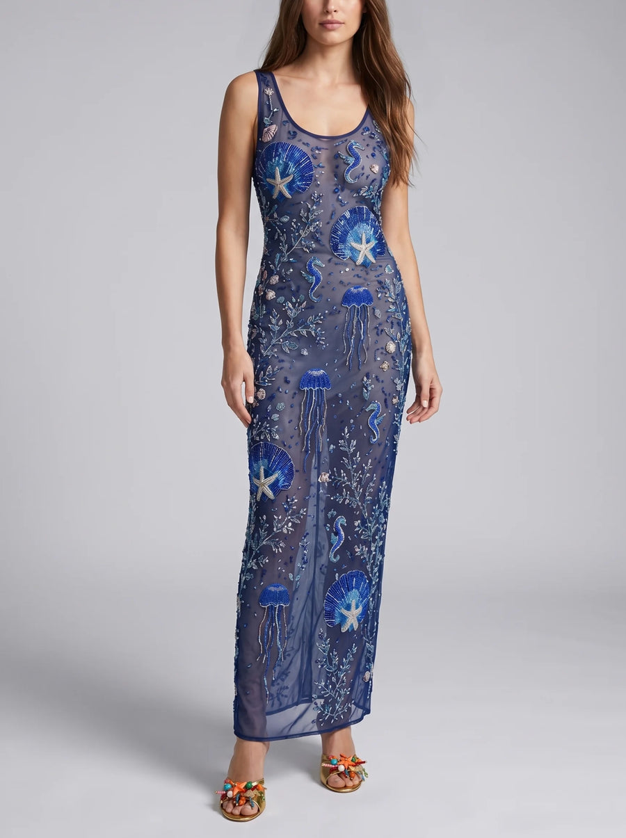 Coralie Sheer Maxi Dress in Navy