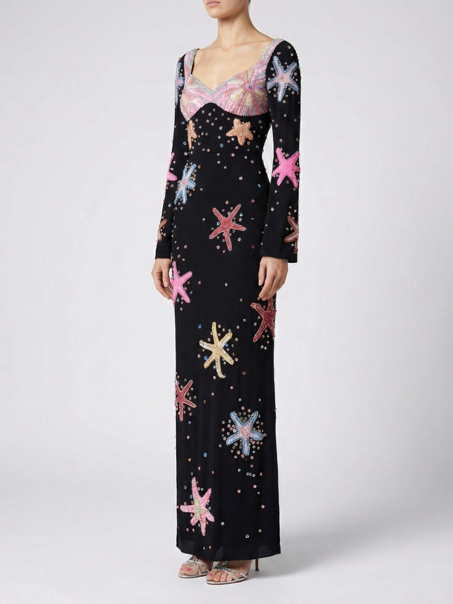 Crescent Shell Bell Sleeve Dress in Black