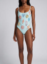 Shell and Starfish Sky Blue Hand-Beaded Swimsuit