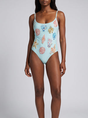 Shell and Starfish Sky Blue Hand-Beaded Swimsuit